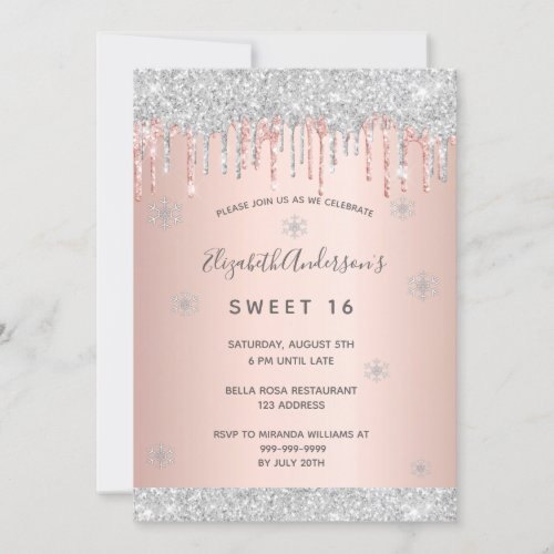 Sweet 16 silver rose gold glitter drips winter invitation