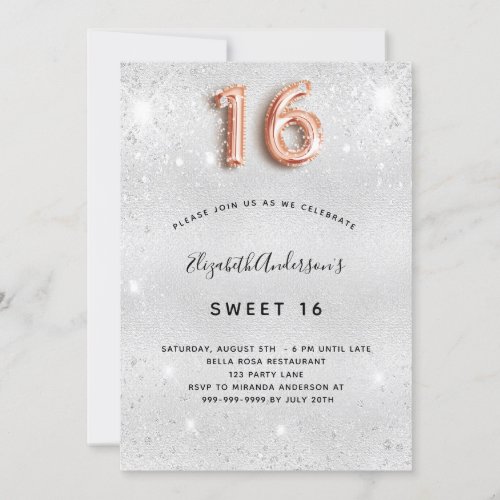 Sweet 16 silver rose gold glitter invitation