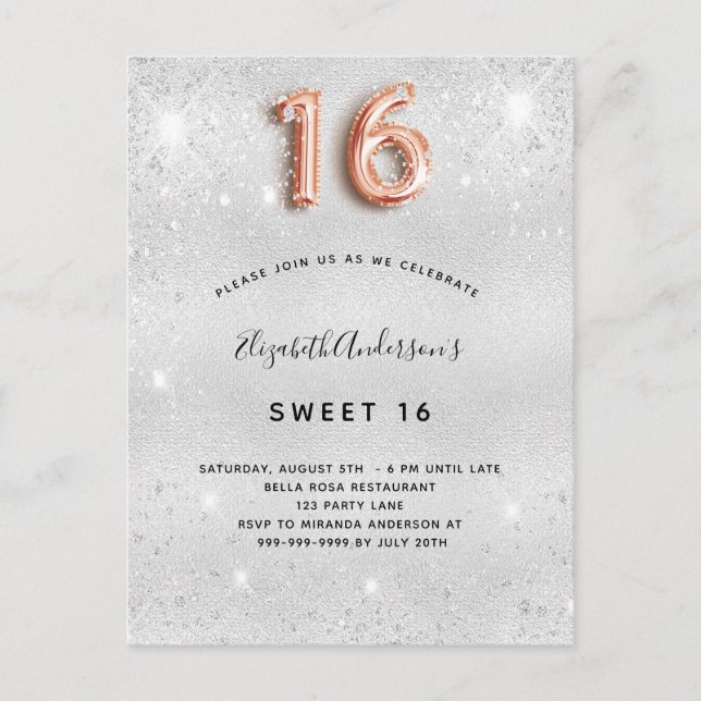 Sweet 16 silver rose gold glitter invitation postcard (Front)