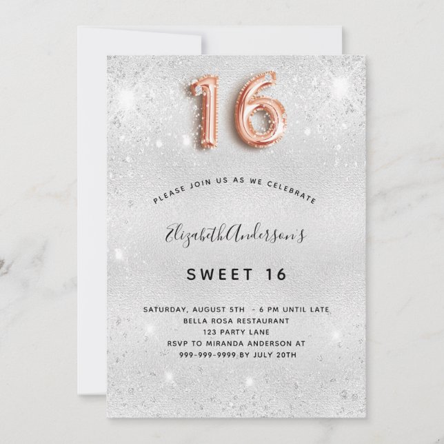 Sweet 16 silver rose gold sparkles invitation (Front)
