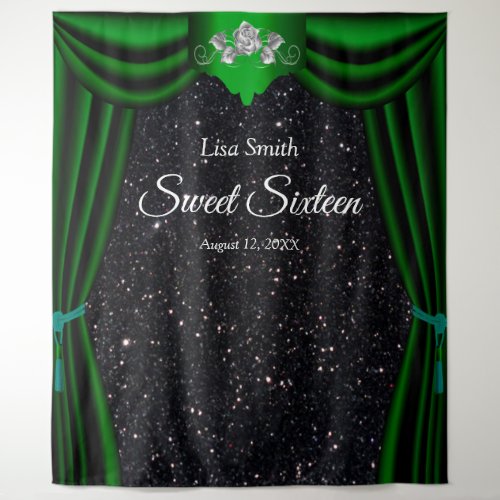 Sweet 16 Silver Rose Green Curtain Black Glitter Tapestry