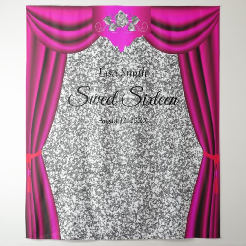 Sweet 16 Silver Rose Pink Curtain Silver Glitter Tapestry
