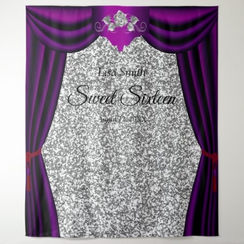 Sweet 16 Silver Rose Purple Curtain Silver Glitter Tapestry