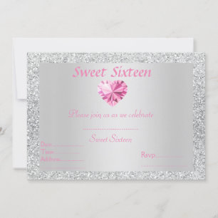 Sweet 16 silver sparkle pink diamond invitation