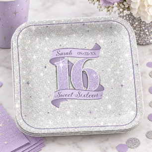 Sweet 16 Silver & Star Pattern Violet ID1333 Paper Plates