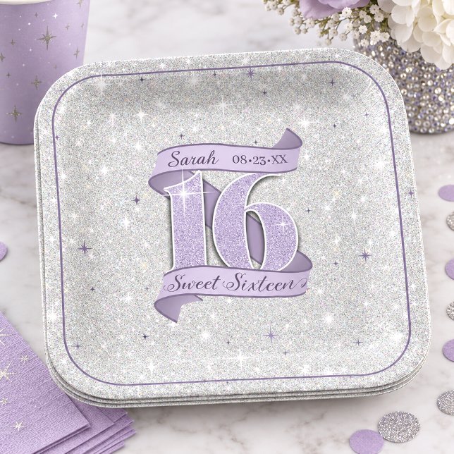 Sweet 16 Silver & Star Pattern Violet ID1333 Paper Plates (Creator Uploaded)