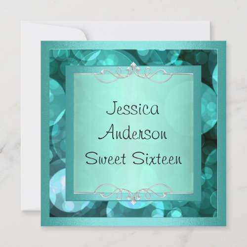 Sweet 16 Silver Teal Bubbles Metal Frame Party Custom Invites