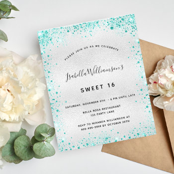 Sweet 16 Silver Teal Glitter Budget Invitation Flyer by Thunes at Zazzle