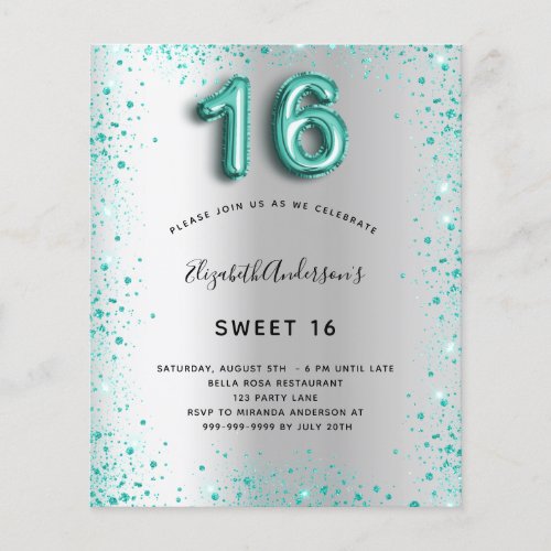 Sweet 16 silver teal glitter budget invitation flyer