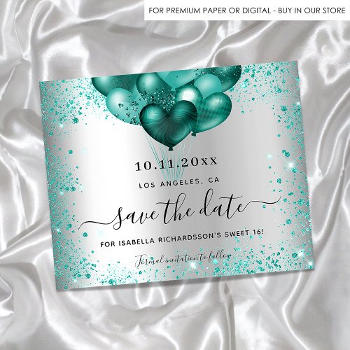 Sweet 16 silver teal glitter budget save the date flyer