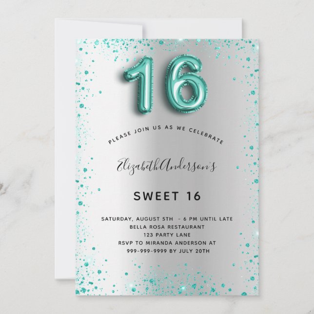 Sweet 16 silver teal glitter elegant glamorous invitation (Front)
