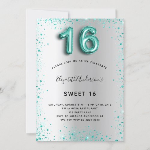 Sweet 16 silver teal glitter elegant glamorous invitation