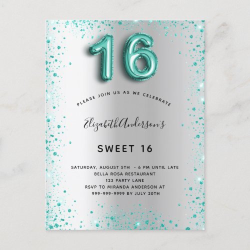 Sweet 16 silver teal glitter elegant invitation postcard