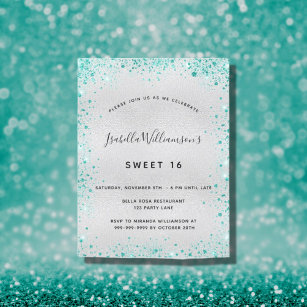 Sweet 16 silver teal glitter glamorous invitation postcard