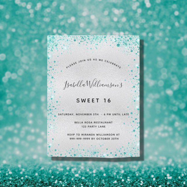 Sweet 16 silver teal glitter glamorous invitation postcard (Creator Uploaded)