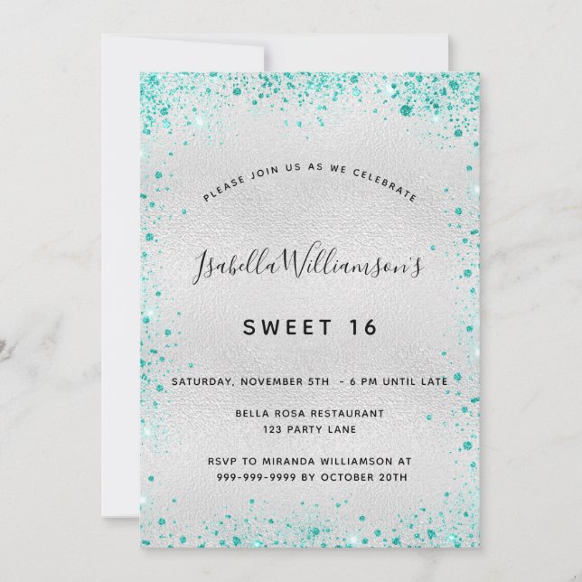 Sweet 16 silver teal glitter invitation (Front)