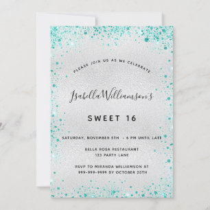 Sweet 16 silver teal glitter invitation