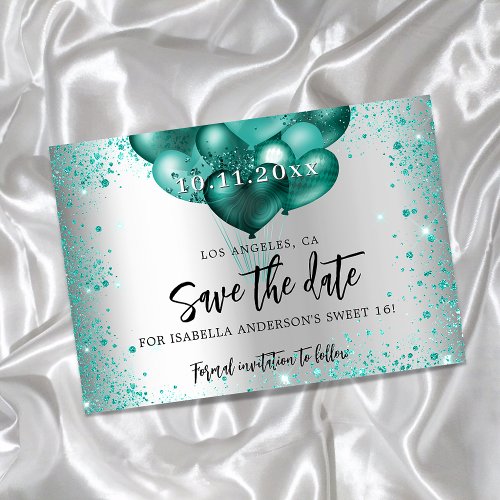 Sweet 16 silver teal green glitter balloons save the date