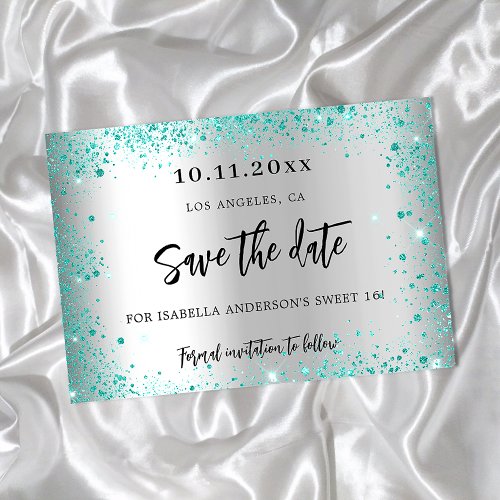 Sweet 16 silver teal green glitter glamorous save the date