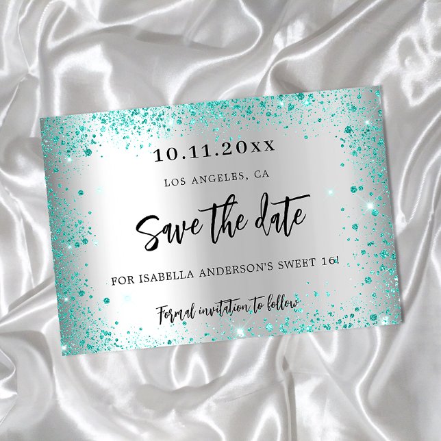Sweet 16 silver teal green glitter glamorous save the date (Creator Uploaded)