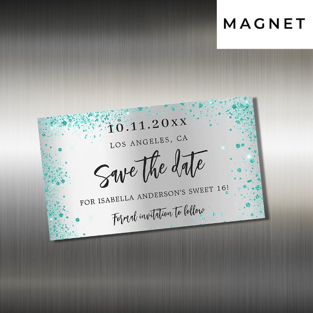 Sweet 16 silver teal green save the date magnet (Creator Uploaded)
