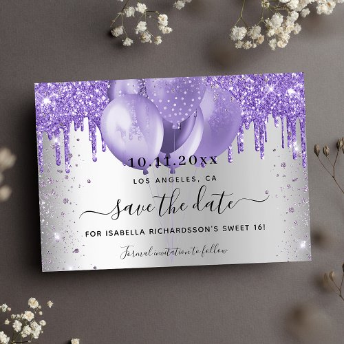 Sweet 16 silver violet balloons save the date announcement postcard