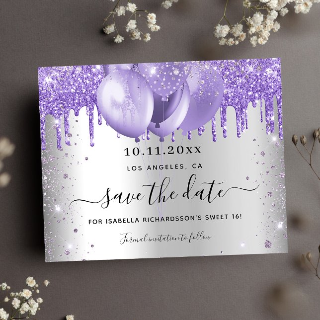 Sweet 16 silver violet budget save the date flyer