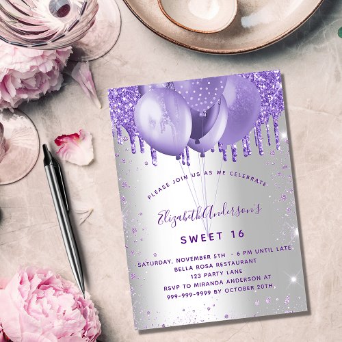 Sweet 16 silver violet glitter balloons luxury invitation