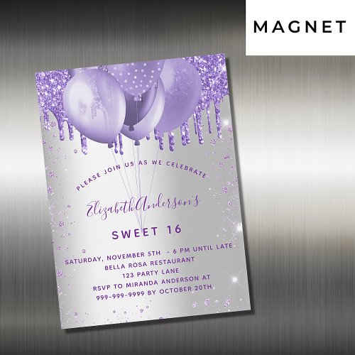 Sweet 16 silver violet glitter balloons luxury magnetic invitation