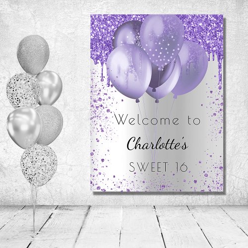 Sweet 16 silver violet glitter welcome balloons foam board