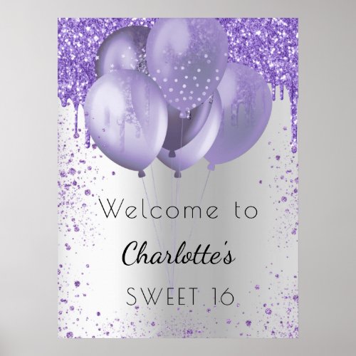 Sweet 16 silver violet glitter welcome balloons poster