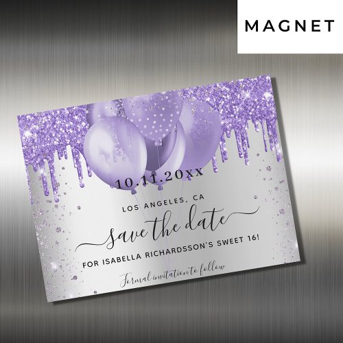 Sweet 16 silver violet save the date magnet card