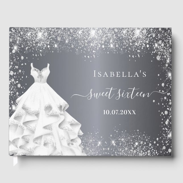 Sweet 16 silver white dress glitter birthday guest book (Front)