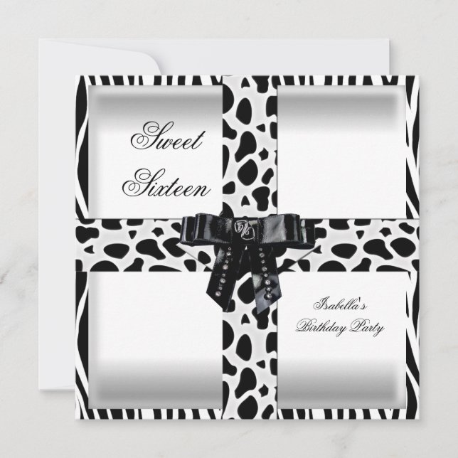Sweet 16 Sixteen 16th Black White Zebra Giraffe Invitation (Front)