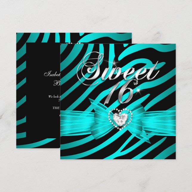 Sweet 16 Sixteen Aqua Blue Black Zebra 2 Invitation (Front/Back)