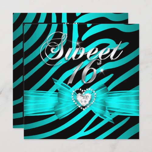 Sweet 16 Sixteen Aqua Blue Black Zebra 2 Invitation