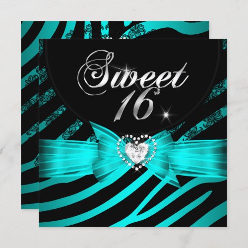 Sweet 16 Sixteen Aqua Blue Black Zebra Invitation