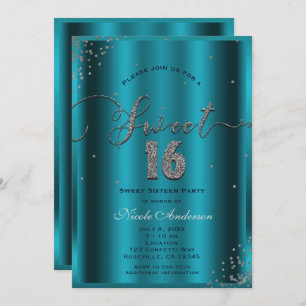SWEET 16 Sixteen Aqua Blue Silver Confetti Corners Invitation