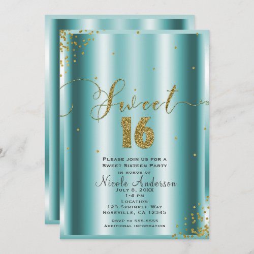 SWEET 16 Sixteen Aqua  Gold Confetti Corners Invitation