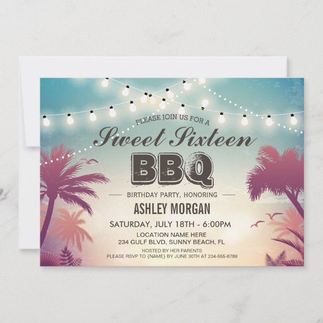 Sweet 16 Sixteen BBQ Party Summer String Lights Invitation (Front)