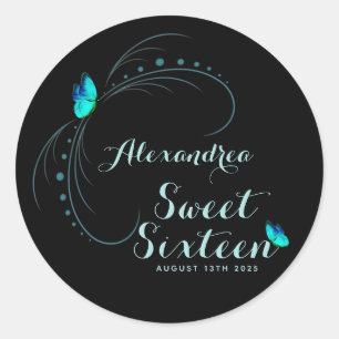 Sweet 16 Sixteen Birthday Blue Butterfly Classic Round Sticker