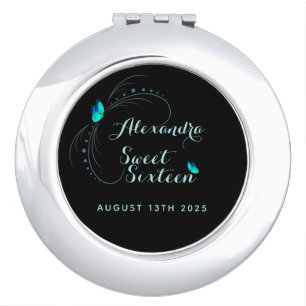 Sweet 16 Sixteen Birthday Blue Butterfly Compact Mirror