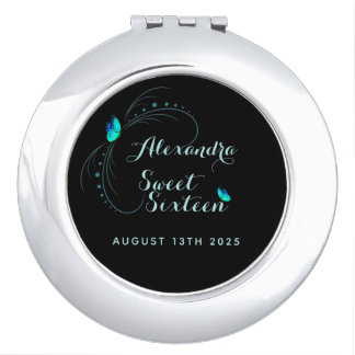 Sweet 16 Sixteen Birthday Blue Butterfly Compact Mirror