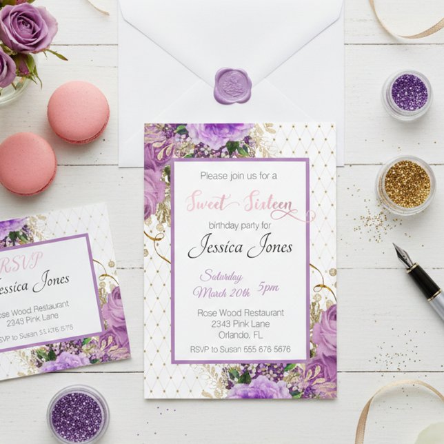 Sweet 16 Sixteen Birthday Party Floral Purple Pink Invitation (Creator Uploaded)