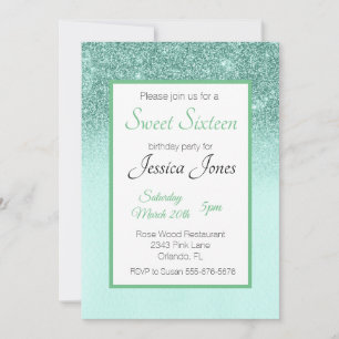 Sweet 16 Sixteen Birthday Party Mint Green Glitter Invitation