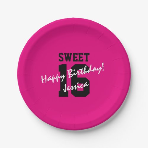 Sweet 16 Sixteen Birthday party pink black plates