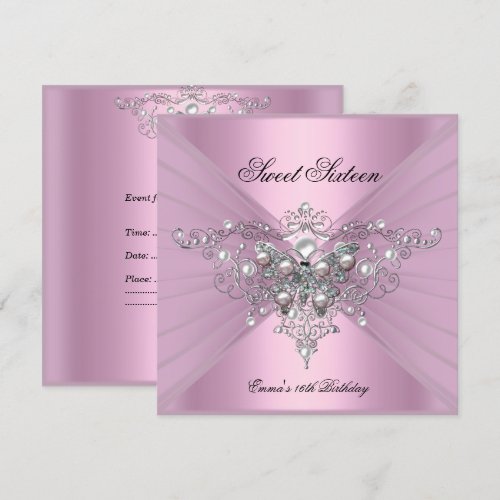 Sweet 16 Sixteen Birthday Party Pink Butterfly Personalized Announcements
