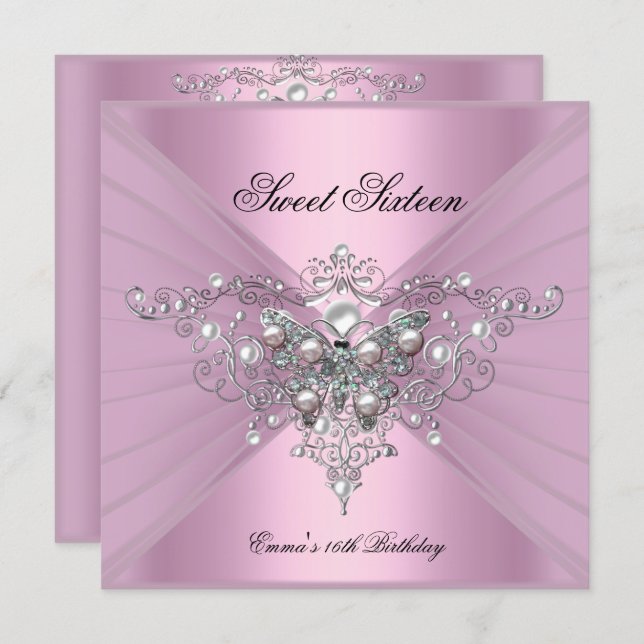 Sweet 16 Sixteen Birthday Party Pink Butterfly Invitation (Front/Back)