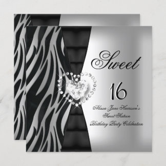 Sweet 16 Sixteen Birthday Party Zebra Black Silver Invitation