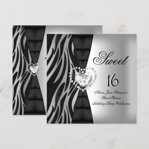 Sweet 16 Sixteen Birthday Party Zebra Black Silver Invites